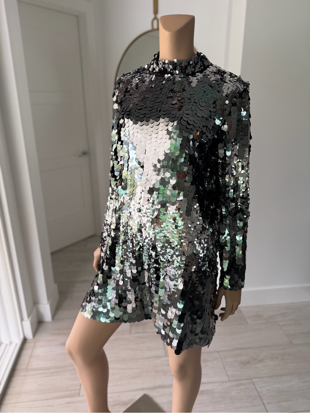 H&M Sequin Mini Dress - Silver Disco Glam A-Line (Paco Rabanne Vibes!) Size M-L